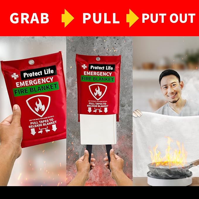 Protect Life Saving Emergency Fire Blankets 4 Pack - 40"x40", Fiberglass Fire Blanket for Home & Kitchen - Fire Suppression or Retardant Tarp - Fire Safety Kit for Car or Camping