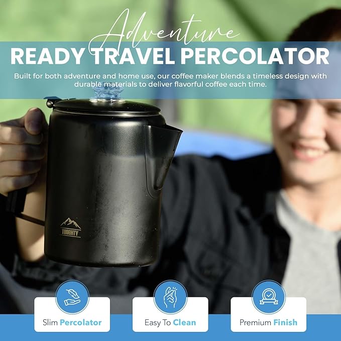 Toughty Yosemite Percolator Coffee Pot – Classic Coffee Percolator Stovetop for Camping & Home – Durable Stainless Steel - Gas, Electric & Induction Stoves – Old-Fashioned Cowboy-Style Pot – 12 Cups