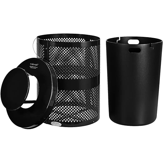 Global Industrial 32 Gallon Outdoor Perforated Steel Round Trash Can with Rain Bonnet Lid, Plastic Liner and Anchor Kit Included, 23-1/2" Diameter x 40-1/2"H, Black