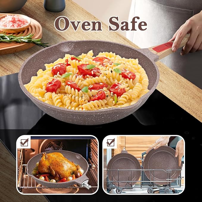 Nonstick Ceramic Deep Frying Pan Set, 10" and 11" Healthy Frying Pan Skillet Set with Removable Handle, Oven Safe, PFAS PFOA & PTFE Free (Brown)