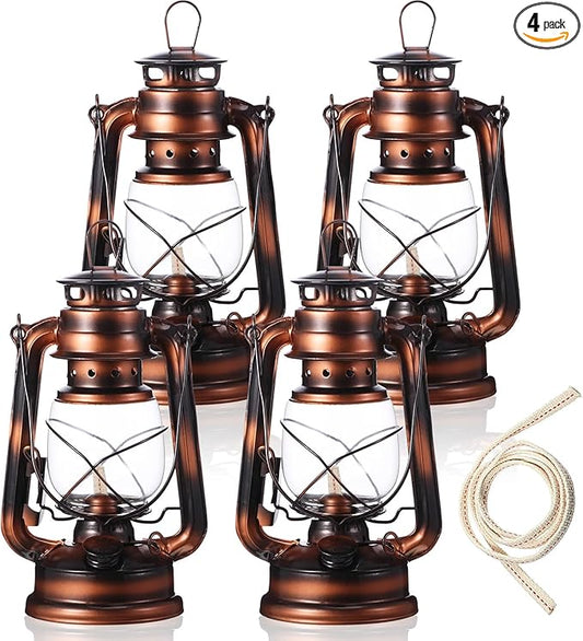 Honoson 4 Pieces Oil Lamp Hurricane Lamp Kerosene Lantern for Indoor Outdoors Decorative Hanging Oil Lantern with Wick for Hiking Emergency Camping Party Decoration(Bronze,10 Inch)