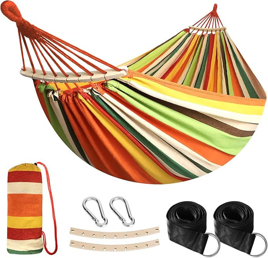 Anyoo Garden Cotton Hammock Comfortable Fabric Hammock with Spreader Bar Sturdy Hammocks Up to 450lbs Portable Lightweight Hammocks with Travel Bag for Camping Outdoor/Indoor Patio Backyard