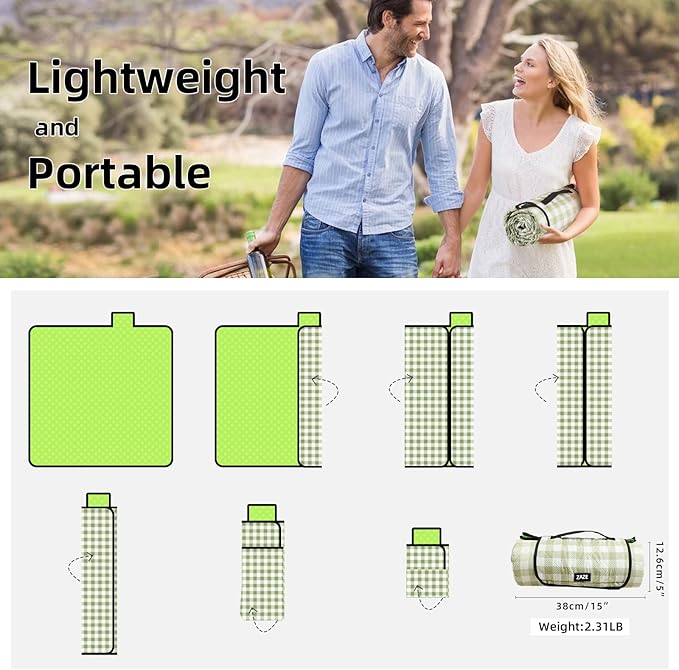 ZAZE Extra Large Picnic Outdoor Blanket, 80''x80'' Waterproof Foldable Blankets Gingham Picnic Mat for Beach, Camping Grass Lawn Park Accessories Cute Couple Gifts Ideas Wedding Registry(Green White)