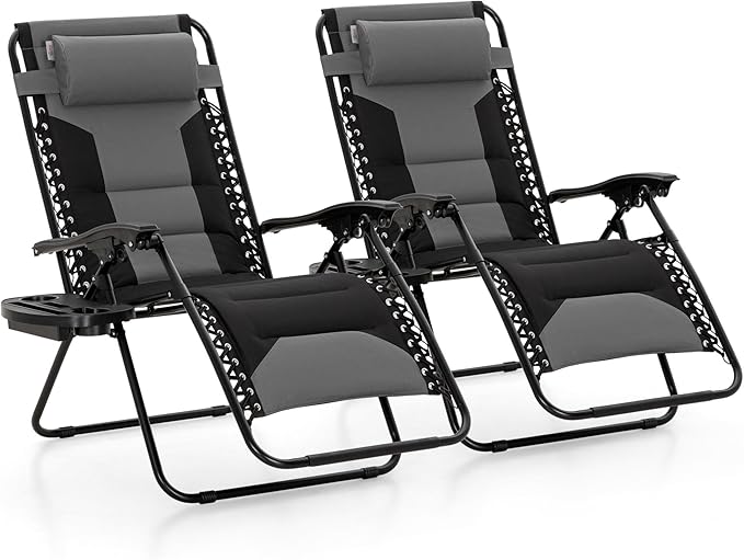 MAISON ARTS Oversized XXL Padded Zero Gravity Chair, Lawn Outdoor Lounge Chairs Set of 2, Foldable Recliners 28" Wide Seat Anti-Gravity for Patio Camping Poolside Yard, Support 400lbs, Grey & Black