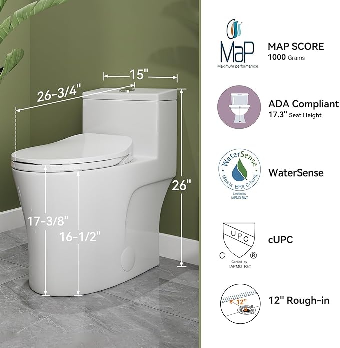 HOROW T0338W One Piece Toilet with Non-Electric Bidet Toilet Seat, Elongated ADA Chair Height Toilets with Adjustable Nozzles Seat, Powerful Dual Flush & Soft Closing Seat Include, MAP 1000g, White