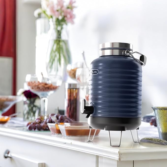 IDEUS Insulated Beverage Dispenser 5.2L, All-in-one for Camping Vacuum Double-Wall Stainless Steel Water Cooler Coffee Carafe Jug Leakproof Drink Container with Handle, Spigot & Stand (Blue)