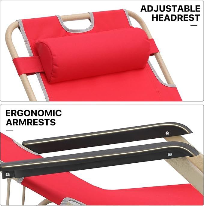 MoNiBloom 3-Position Folding Reclining Patio Chair Set of 2, Patio Lounger Folding Chairs with Adjustable Backrest and Headrest for Backyard Poolside Lawn, 330lbs Capacity