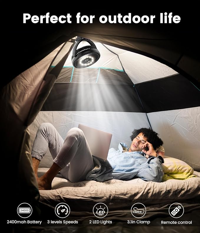 24000mAh Clip on Fan for Golf Cart - 8-inch Portable Rechargeable Fans - Max Up to 150Hrs Work Time - Battery Operated Fan with LED, Remote, Timers, Hook for Office, Desk, Camping, Tent, Treadmill