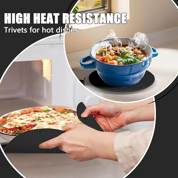 Oven Mitts with Heat-Resistant Hot Pads and Five Silicone Spatulas Designed for Kitchen Baking Cooking, Oven Glove Soft Cotton Lining, Waterproof, BPA-Free (Black& Trivet, 12.6)