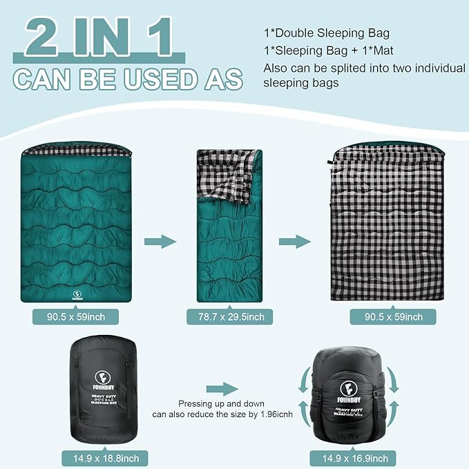 0 Degree Flannel Double Sleeping Bag for Adults, Couples or Family - Winter Queen Size Waterproof & Warm 2-Person Sleeping Bag for Cold Weather Camping, RV Travel