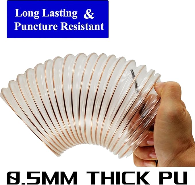 JUYO VONSAN 2.5 inch PU Dust Collection Hose 10ft Heavy Duty Flex Clear Debris Dust Collector Hose With Clamps (Polyurethane, 2.5'' X 10ft)