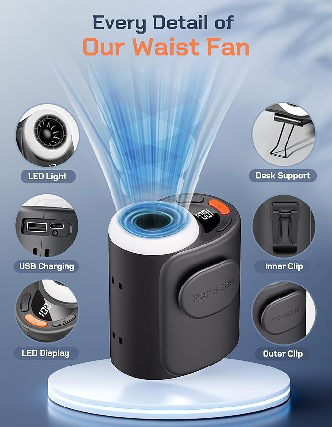 Portable Waist Fan Rechargeable, 10000mAh Belt Clip Fan, 5-Speed 16000RPM, Clip-On Personal Cooling A/C for Neck, Desk, Waist Use, Hands-Free Under Shirt Airflow for Camping, Jobsites, Hiking