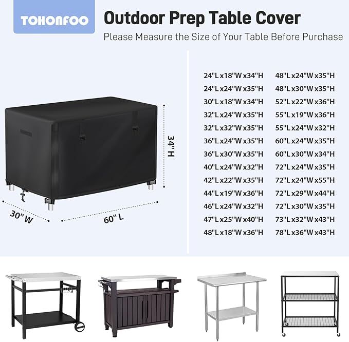 Outdoor Prep Table Cover - Waterproof Stainless Steel Metal Table Cover - 60" L x 30" W x 34" H