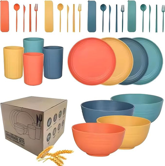 Unbreakable Wheat Straw Dinnerware Set for 4 (32 PCS) – Microwave & Dishwasher Safe – BPA-Free – Lightweight Plates, Bowls & Cups for Camping, Kids & Everyday Use