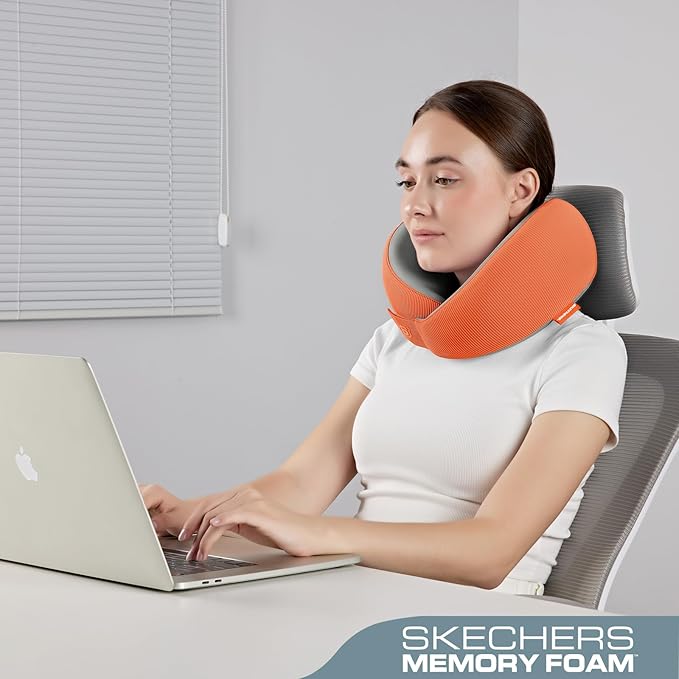 Skechers Memory Foam Neck Pillow, Comfortable & Breathable Travel Pillow, Neck Pillow Airplane for Travel, Car Rides, Home, and Office Use, Ergonomic Design for Men and Women,Orange