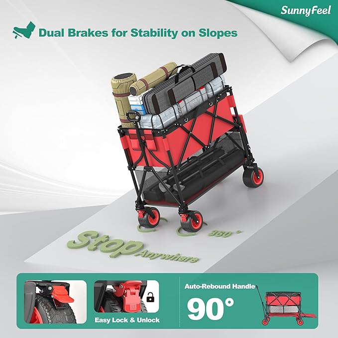SUNNYFEEL Heavy Duty Collapsible Outdoor Utility Wagon Cart 500LB Capacity Adjustable Handlebar,Foldable Beach Wheels Stable Durable Oxford Fabric for Shopping Garden Camping (Red, Double Deck)