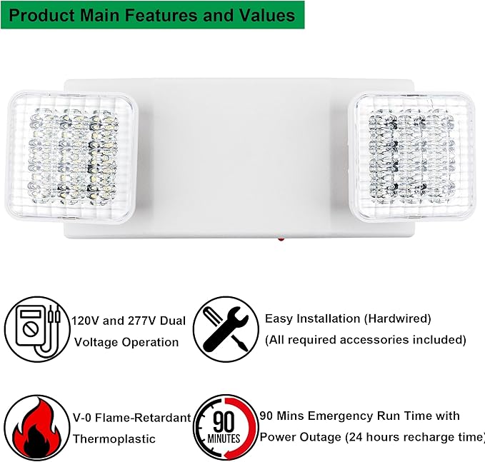 LIT-PaTH LED Emergency Lighting Fixtures with 2 LED Heads and Back Up Batteries- US Standard Exit Light, UL 924 and CEC Qualified, 120/277 Voltage, 6-Pack