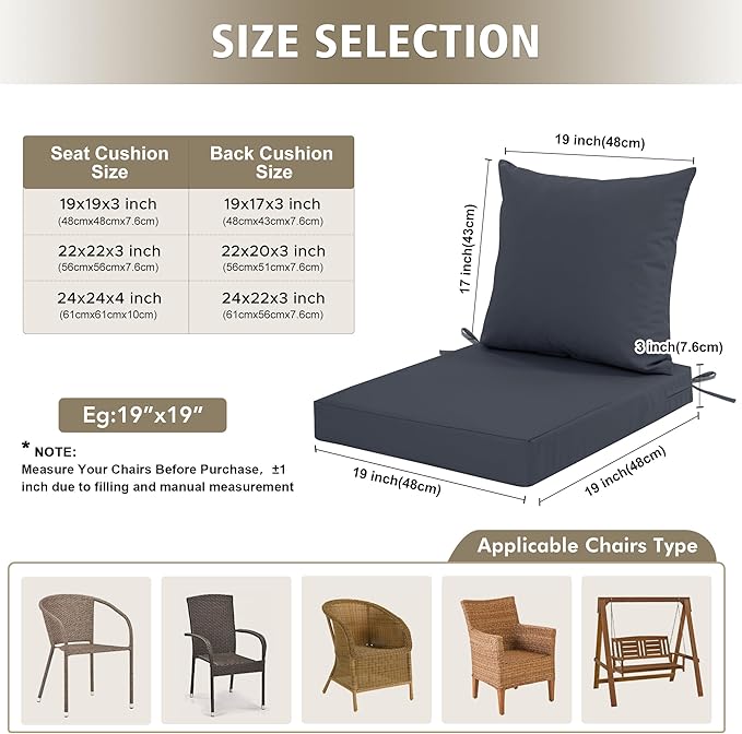 Outdoor Chair Cushions, Waterproof Outdoor Cushions for Patio Furniture w/Fade-Resistant, Removable & Machine-Washable Covers, 19x19 Inch, Ideal for Seat in Gardens/Porch – Set of 1/2/4, Dark Grey