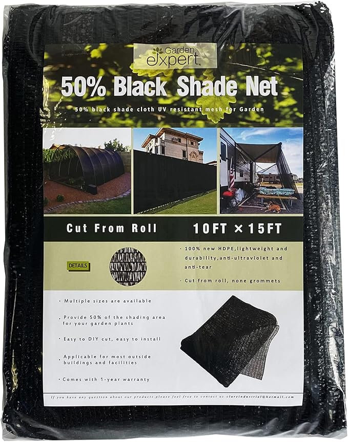 Garden Expert 10 x 20 FT Black Shade Cloth, 50% Mesh Tarp UV Resistant Net, Garden Sun Shade Netting for Plant Cover, Greenhouse, Patio, Tomatoes, Chicken Coop, Barn Kennels