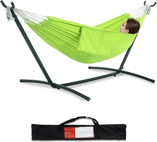 PNAEUT Double Hammocks with Stand for Outside, Portable Space Saving Heavy-Duty Steel Stand for Indoor Outdoor Patio with Carrying Bag, 450 lbs Capacity (Green)