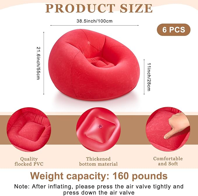 Realspring 6 Pcs Bean Bag Chairs for Adults Inflatable Chairs with Electric Air Pump,Blow up Couch Folding Portable Inflatable Couch Lazy Sofa for Reading Living Room Camping (Red)