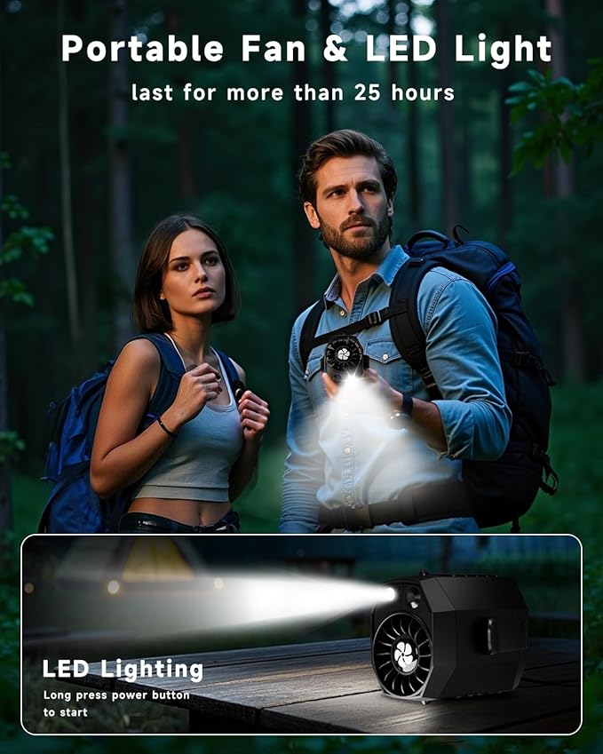 2025 Smart Portable Rechargeable Fan with LED Light & 25H Runtime, 4-Speed 9200RPM Turbo Cooling Personal Waist Fan, Wearable Neck & Belt Clip for Camping, Outdoor, Hiking - Black