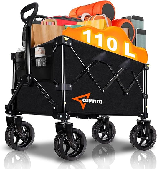 Collapsible Wagon Cart with Wheels, Heavy Duty Foldable Wagon Cart with 230lbs Weight Capacity, Utility Beach Wagons Portable for Outdoor, Grocery, Camping, Shopping, Black