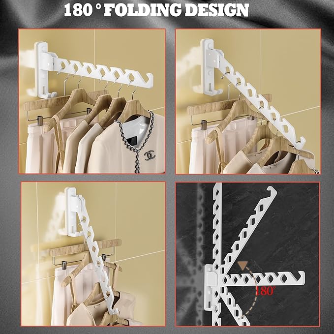 Wall Mount Coat Hanger Holder White Clothes Drying Organizer Rack Garment Hooks Aluminium Retractable Folding Indoor Wall Mounted Hanger Space Saver for Laundry Room Bedroom White 2 Pack with 8 Hooks