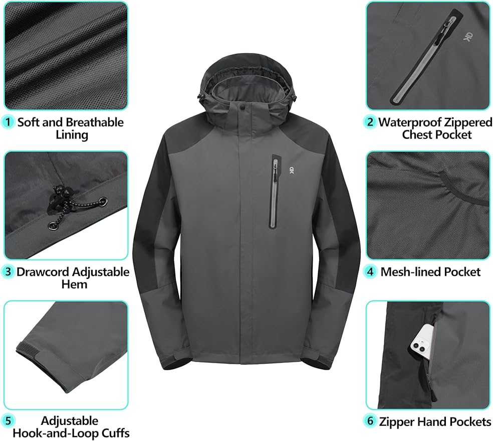 Little Donkey Andy Men's Waterproof Rain Jacket Outdoor Lightweight Hooded Raincoat for Hiking Golf Travel Fishing