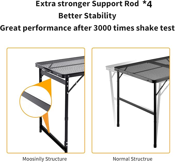 Camping Table 4FT Grill Table Foldable Folding Picnic Portable Stand Mesh 3 Height Adjustable Outdoor Card BBQ RV Black 47.2×23.6 inch