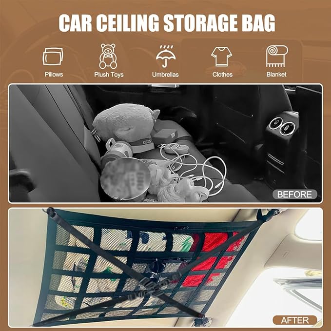 Universal Car Ceiling Cargo Net Pocket (20x31x37 Inch) - Overhead Storage Organizer for SUV, Truck, Camping & Road Trips - Durable Mesh Interior Accessories for Travel Gear