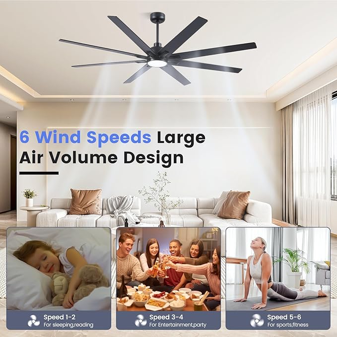 Newday 72 Inch Black Ceiling Fan with Light and Remote, Indoor/Outdoor Silent Reversible DC Motor, 6 Speeds, 3CCT, Timer, 8 Blades, 3 Downrods for Living Room, Patio, Garage