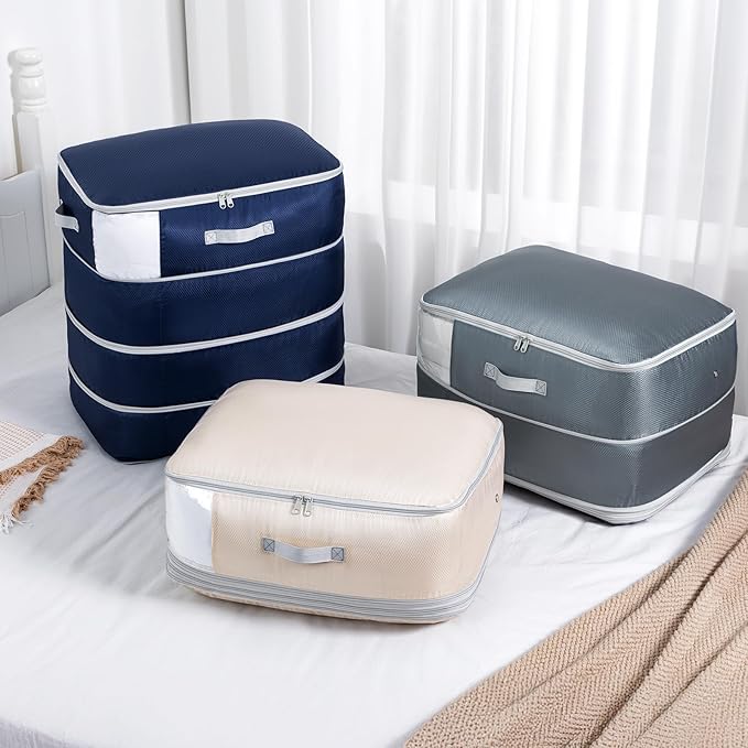 Comforter Storage Bag - 130L Large Capacity Blanket Storage Bags 4-Layer Ultra Space Saving Self Compression Organizer, Washable Compression Bags for Storage Comforter Blanket, 4-Pack, Grey