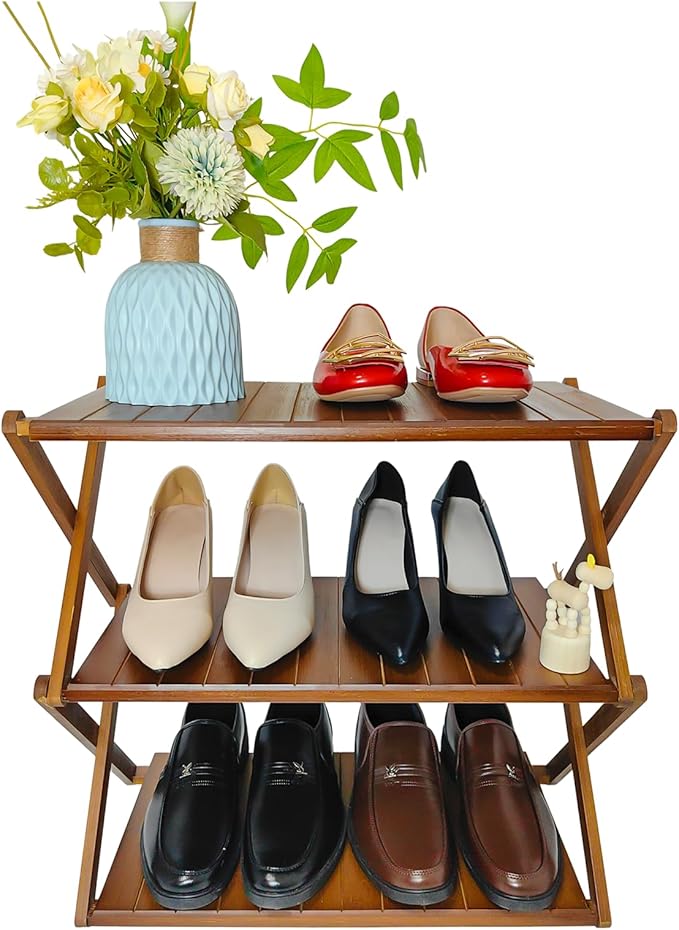 Foldable Bamboo Shelf, Folding Shoe Rack, Flower Rack, Camping Rack, No Installation Required, Portable, Space Saving, Multi-Purpose Storage Rack (Walnut,3 Tiers)