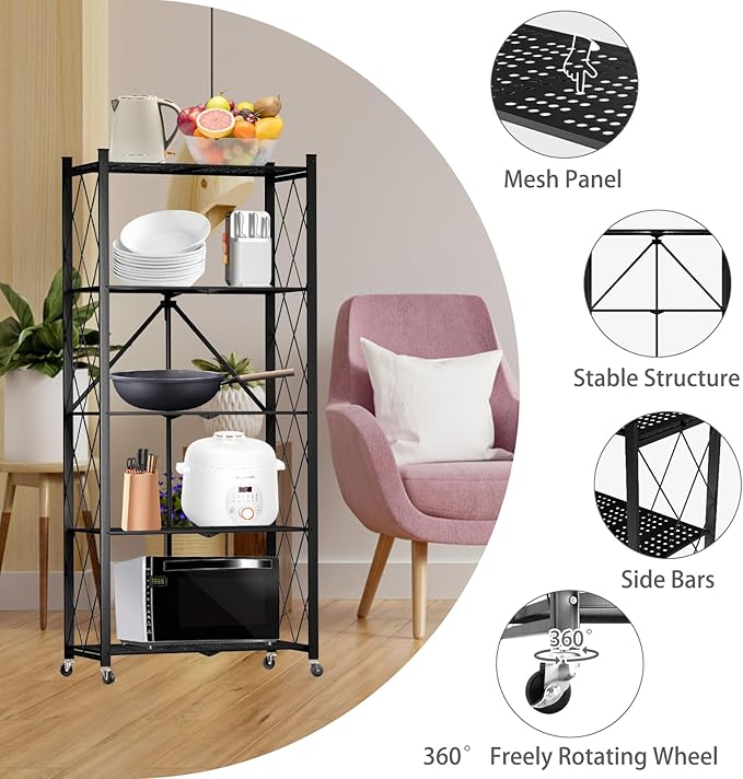 5 Tier Folding Shelf with Wheels,Metal Steel Collapsible Shelves,No Assembly Portable Shelves Organizer Rack,Rolling Standing Utility Rack for Kitchen, Pantry, Office, Black