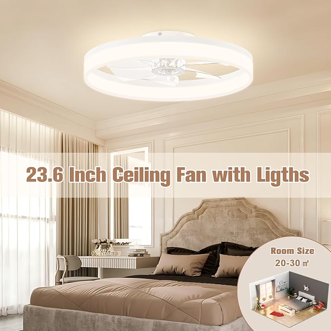 VOLISUN Low Profile Ceiling Fans with Lights and Remote, 23.6in Flush Mount Ceiling Fans with Light, 3000K-6500K Dimmable Fandelier LED Fan Lights, Bladeless Ceiling Fan with Light for Bedroom(White)