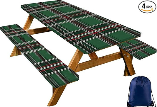 CAPSCEOLL Fitted Picnic Table Cover with Bench Covers with Elastic 6Ft Waterproof Picnic Table Cover for Outdoors Camping Tablecloth with Drawstring Bag, 72X30in, Christmas Green Buffalo Plaid