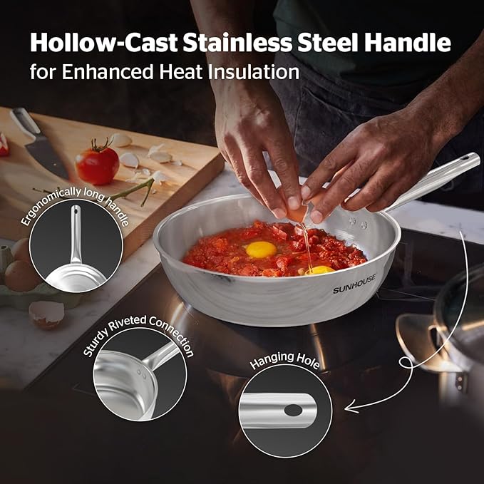 Sunhouse 18/10 9 Inch Stainless Steel Frying Pan, Whole-Clad No Coatings Skillet with Stay-cool Handle for Cooking, Durable & Oven Safe to 500°F, Dishwasher Safe, Compatible with All Cooktops
