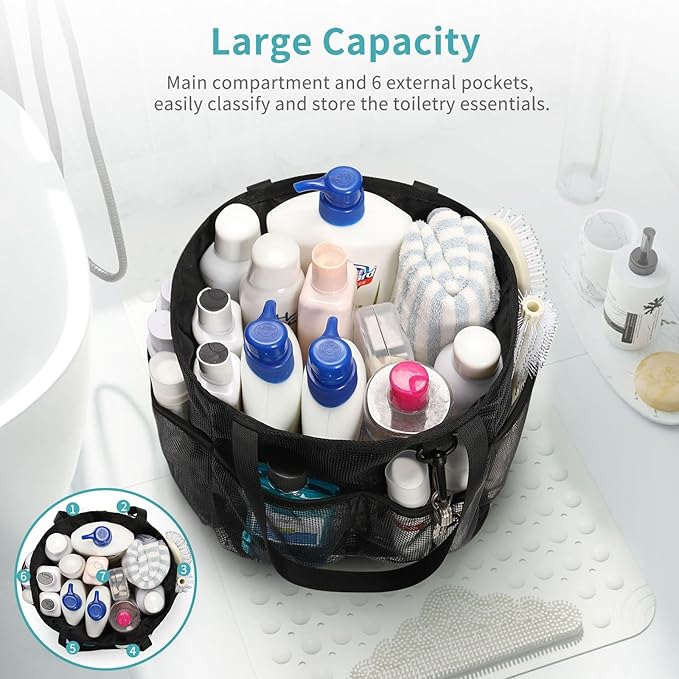 Mesh Shower Caddy Portable for College Dorm Room Essentials, Shower Tote Bag with Hanging Hook and Drawstring, Quick Dry Toiletry Bag with 6 Pockets for Bathroom, Swimming, Gym, Camping, Beach, Travel