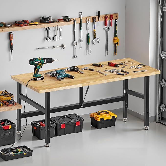 60” Folding Workbench, 2000 LBS Capacity Heavy Duty Workbench, Height Adjustable Foldable Work Table, Rubberwood Collapsible Desk for Workshop, Garage, Office, Home