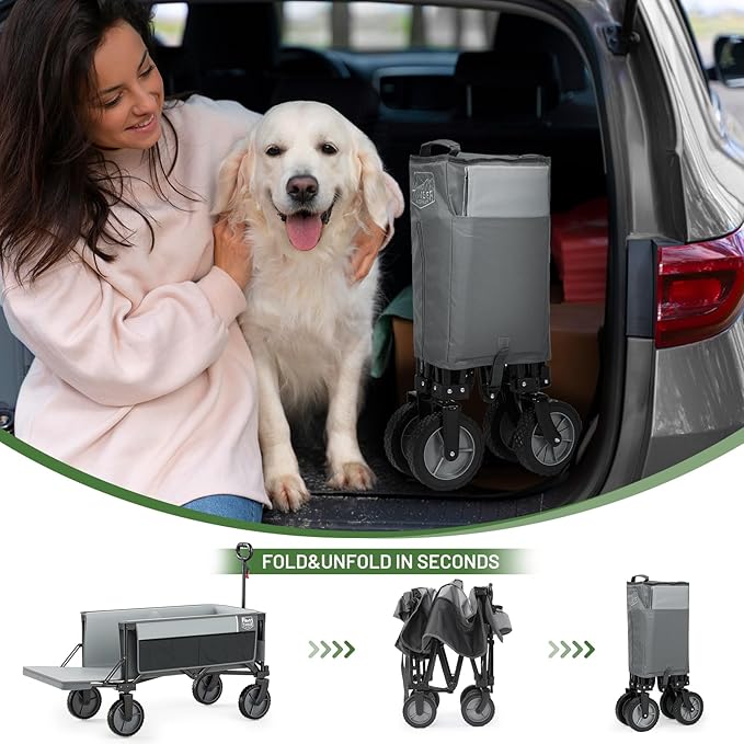 Timber Ridge 49" Extra Long Collapsible Folding Wagon with Tailgate and Brakes, 300lbs Heavy Duty Foldable Wagon with Adjustable Handle, 250L Capacity Portable Cart for Outdoor Camping Sports, Grey