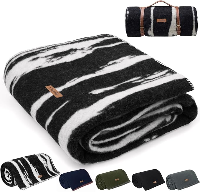 100% Wool Blanket, 62" x 86", Warm, Thick, Washable, Military Wool Blanket, Great for Camping, Outdoors, Sporting Events, Survival Kits,Black White Striped