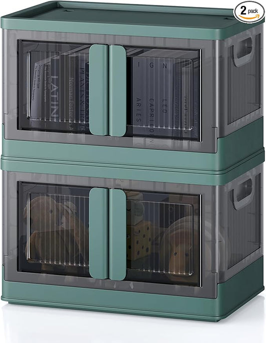 8.4Gal Collapsible Storage Bins with Lids & Wheels - 2 Pack Stackable with Doors, Heavy-Duty Plastic Containers for Home/Office, Green