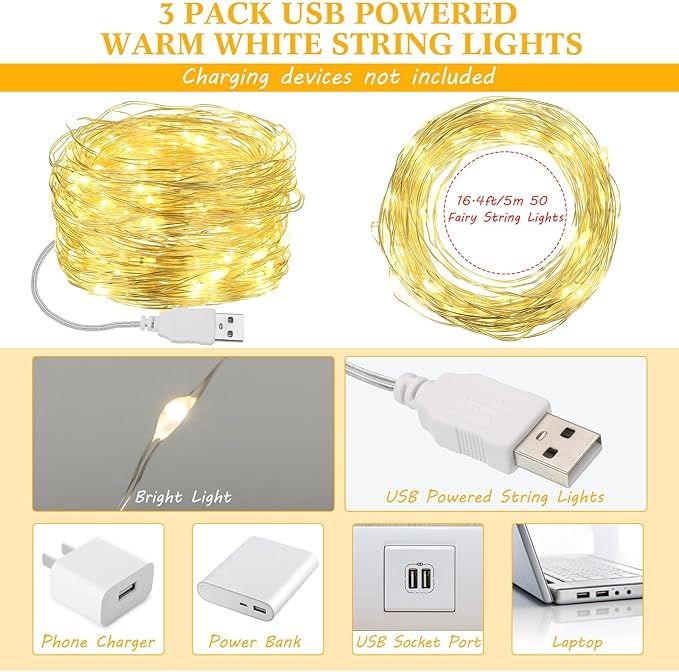 Macarrie 3 Pack Fairy Lights USB Powered 16 ft 50 LED Warm White String Lights Plug in for Xmas Indoor Outdoor Party Wedding Home Festival Tree Garden Decoration