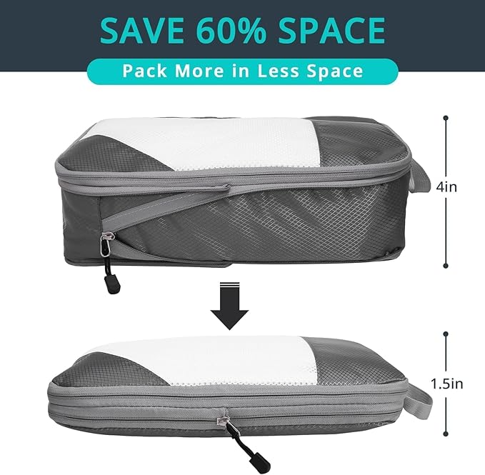 7 Set Compression Packing Cubes for Travel - Compressible, Lightweight, and Space-Saving Packing Cubes, Travel Essentials for Women, Grey
