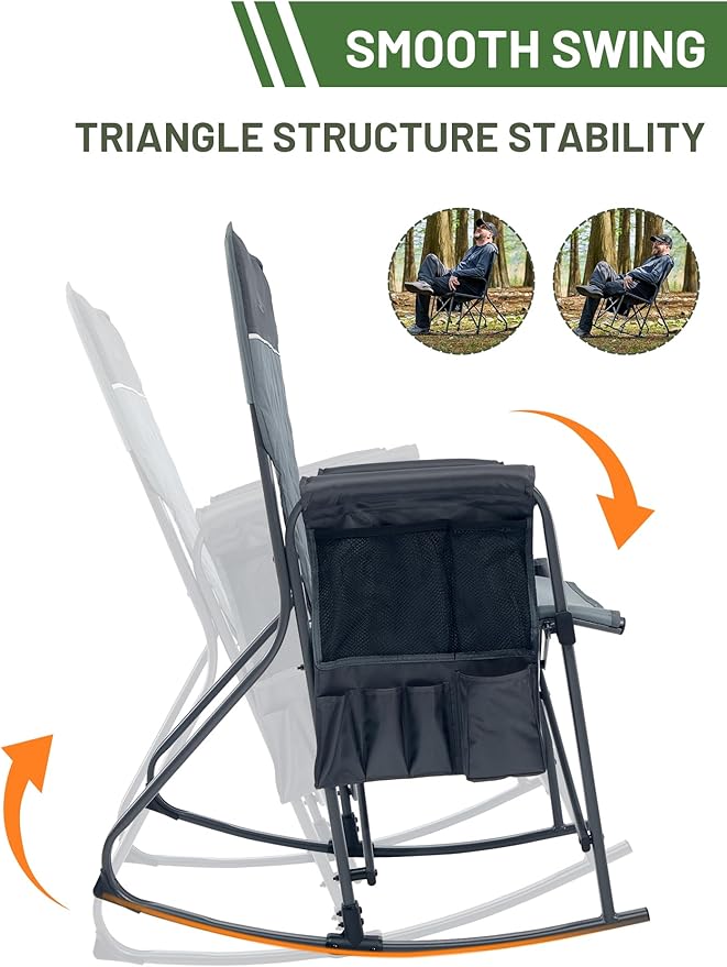 TIMBER RIDGE Folding Rocking Camping Chair, 400lbs Capacity Portable Oversized Outdoor Rocker with Hard Armrests, Cup Holder & Side Pocket, Quick-Fold Design for Outdoor, Patio, Lawn, Gray