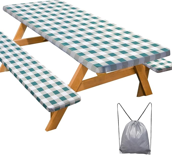 Picnic Table Cover with Bench Covers Camping Essentials Waterproof Windproof Camping Tablecloth with Drawstring Bag, Fitted Rectangle Tables and Seats, 72in, White Green Checkered