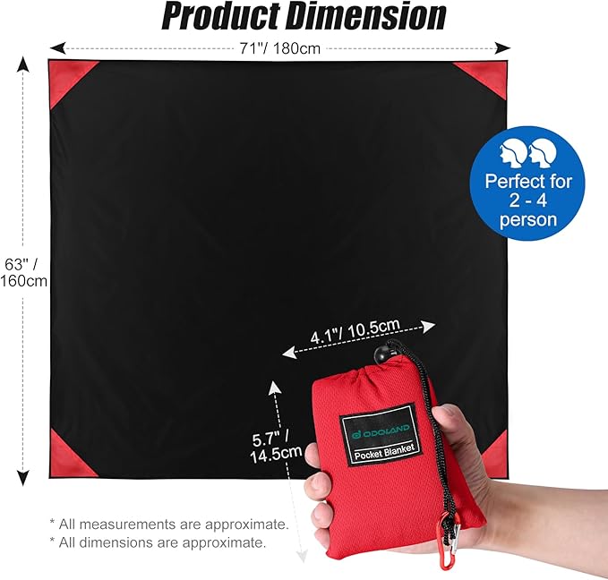 Odoland Pocket Blanket Picnic Blanket, 71" x 63" SandProof Waterproof Outdoor Beach Blanket with Portable Bag, Foldable Lightweight Sand Free Quick Drying Beach Mat for Hiking Camping Travel, Black