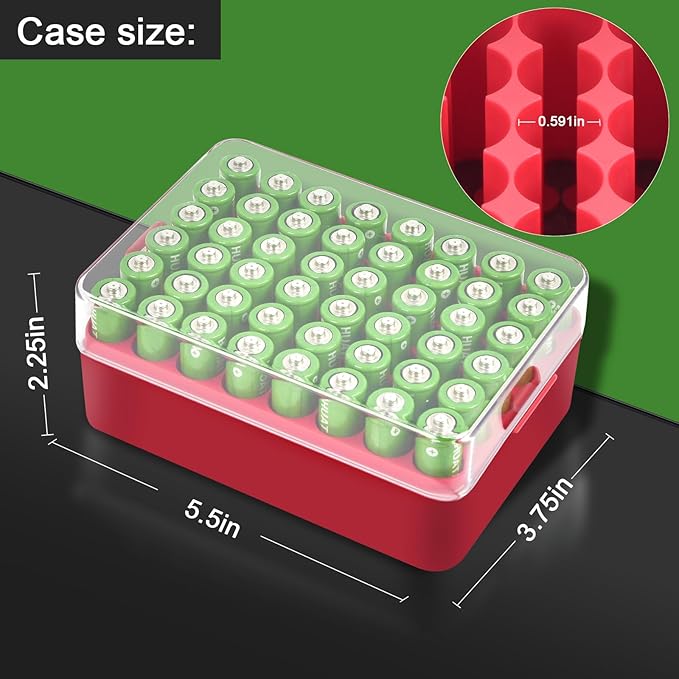 ALCYON Battery Organizer Storage Case, Small Battery Vault Box Container for 48pcs AA Batteries, Plastic Clear Protective Battery Holder for Travelling/Home/Office (Red, Large)