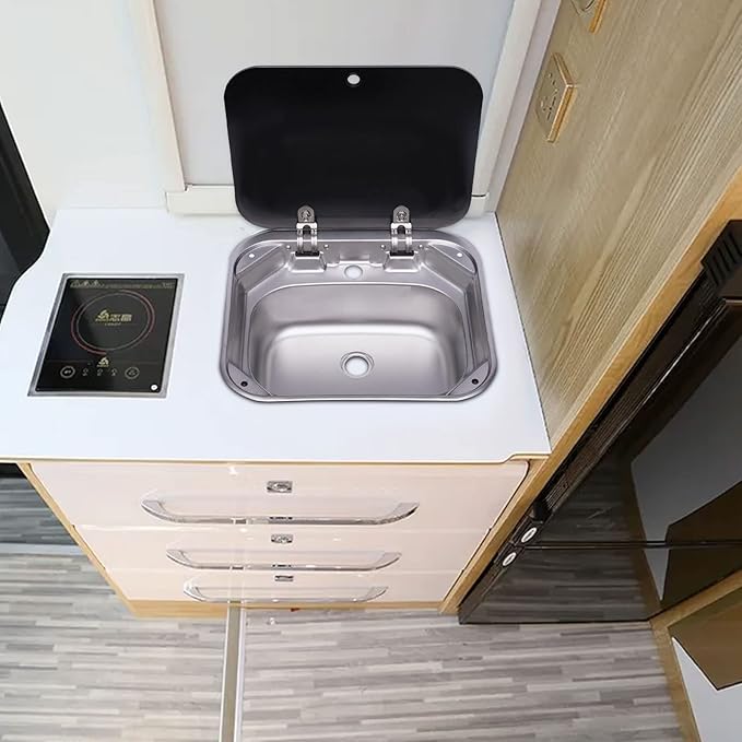 17-Inch Undermount RV Bar Kitchen Sink Workstation Single Bowl Stainless Steel Hand Wash Basin Drop In Sink with Folde Lid Cover Accessories and for RV Bar Cafe Boat Kitchen Camper Van Outdoor BBQ